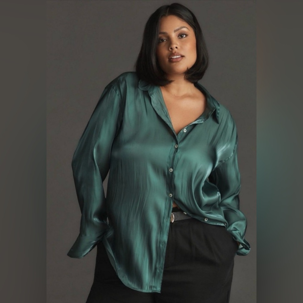 Anthropologie Deep Green Satin Look Iridescent Button Down Shirt